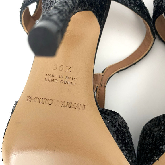 NWOB Emporio Armani Sandal Black Glitter Slim Heel Strappy Open Toe 36.5 6.5 - Picture 9 of 9
